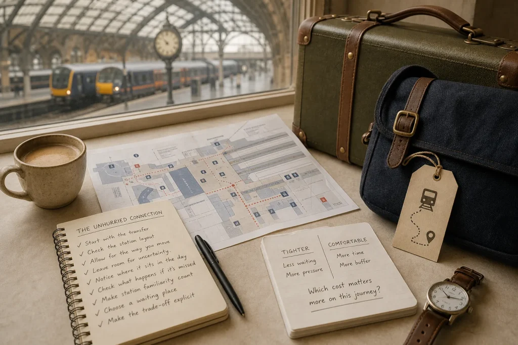 Notebooks with travel notes and a station map on a windowsill overlooking a train platform with two trains