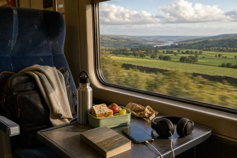 Train seat with backpack and sweater next to window showing green countryside and river under partly cloudy sky