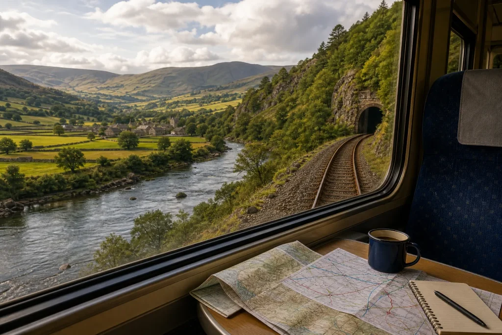 Train window view of river, railway track entering tunnel, village in valley, green hills, map, notebook, and coffee cup on table