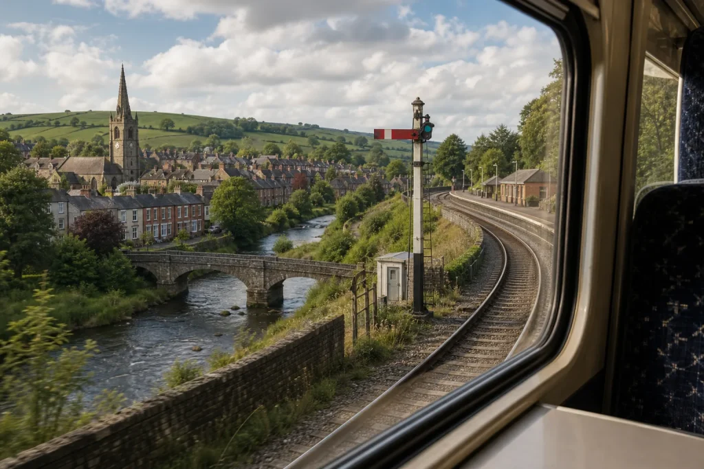 View through train window of railroad track curving past river, stone bridge, village, church, and green hills under cloudy sky