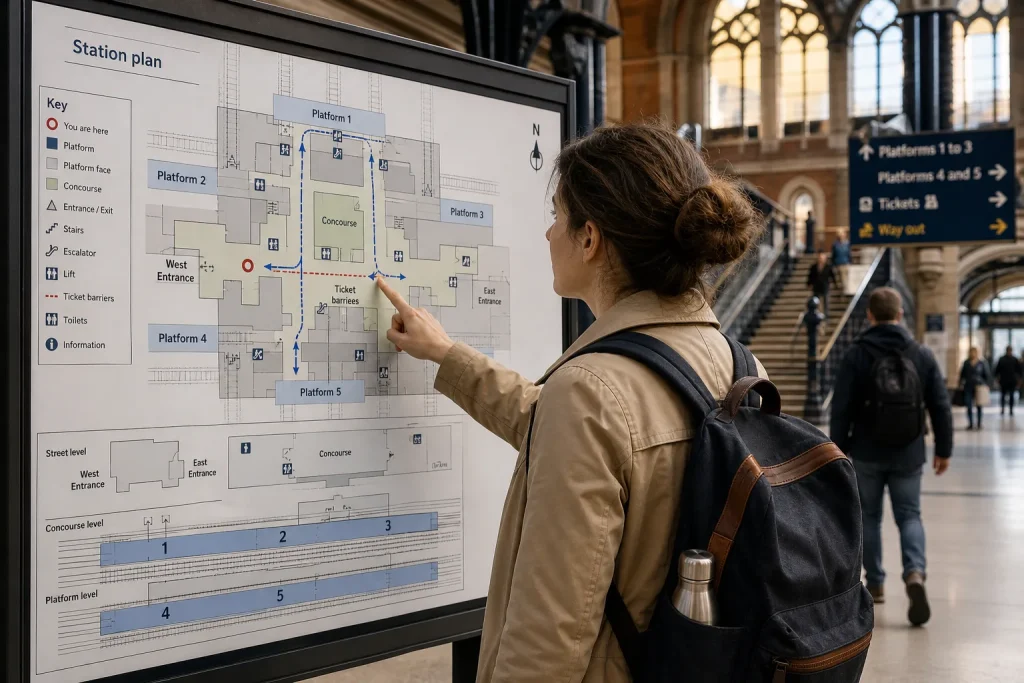 Woman wearing beige jacket and black backpack pointing at large station plan inside a bright train station