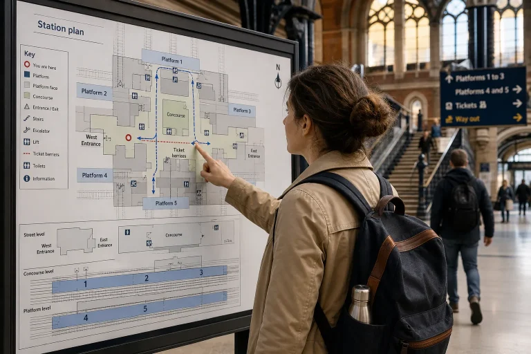 Woman wearing beige jacket and black backpack pointing at large station plan inside a bright train station
